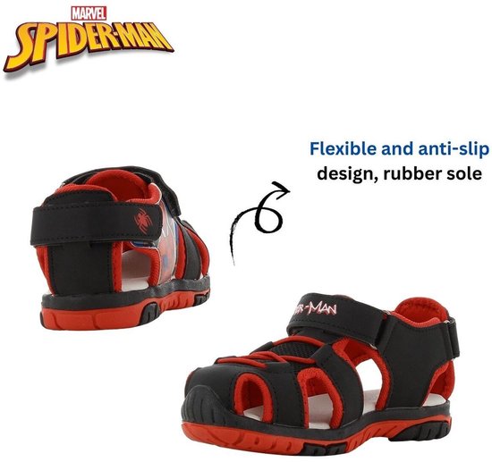Zwarte en rode Spider-Man sandalen met klittenbandsluiting, rubberen zool en flexibel, anti-slip ontwerp.