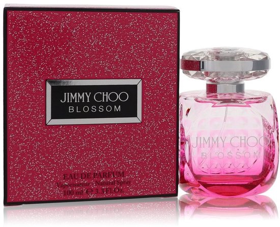 Jimmy Choo Blossom Eau de Parfum 100 ml met een roze, sprankelende doos en een glazen fles met roze vloeistof.