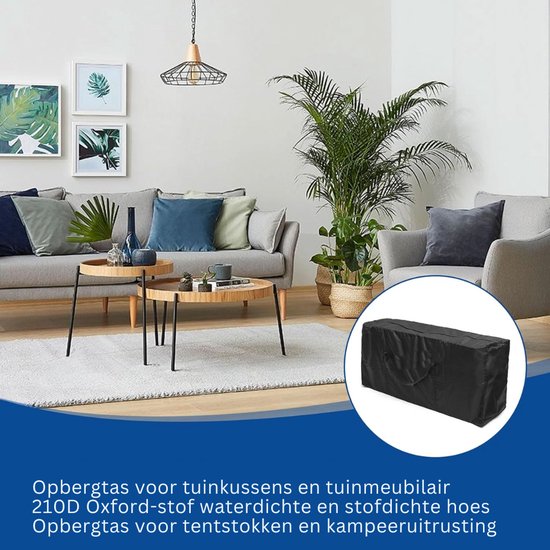 Zwarte opbergtas voor tuinkussens, tuinmeubilair of kampeeruitrusting, 210D Oxford stof, water- en stofdoek.
