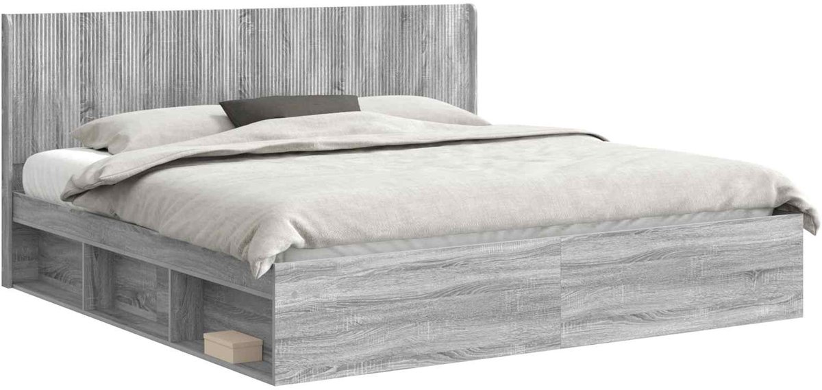 vidaXL - Bedframe - met - opbergruimte - en - hoofdbord - Grijs - Sonoma