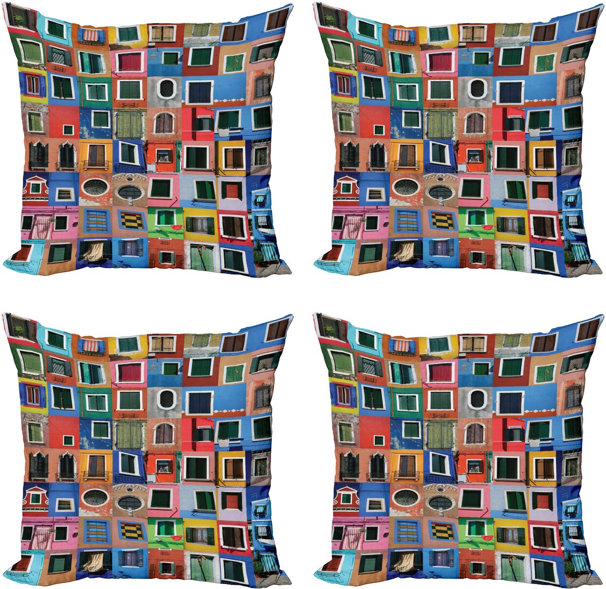 ABAKUHAUS kleurrijk decoratief kussenhoes 4-pack, Mediterrane Dorp, Modern Accent dubbelzijdige digitale print, 50 x 50 cm, rood blauw meerkleurig Rood Blauw Multicolor