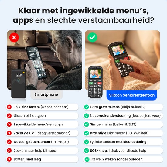 Vergelijking: smartphone met kleine letters versus seniorentelefoon met grote, duidelijke knoppen en SOS-functie.