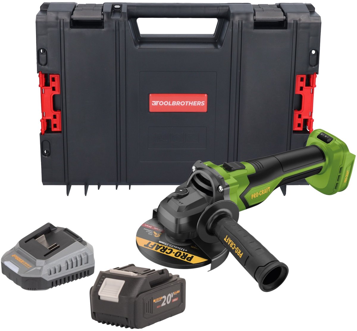 Procraft PGA22-BB accu haakse slijper 20 V 125 mm borstelloos + 1x accu 4,0 Ah + oplader + RHINO gereedschapskoffer
