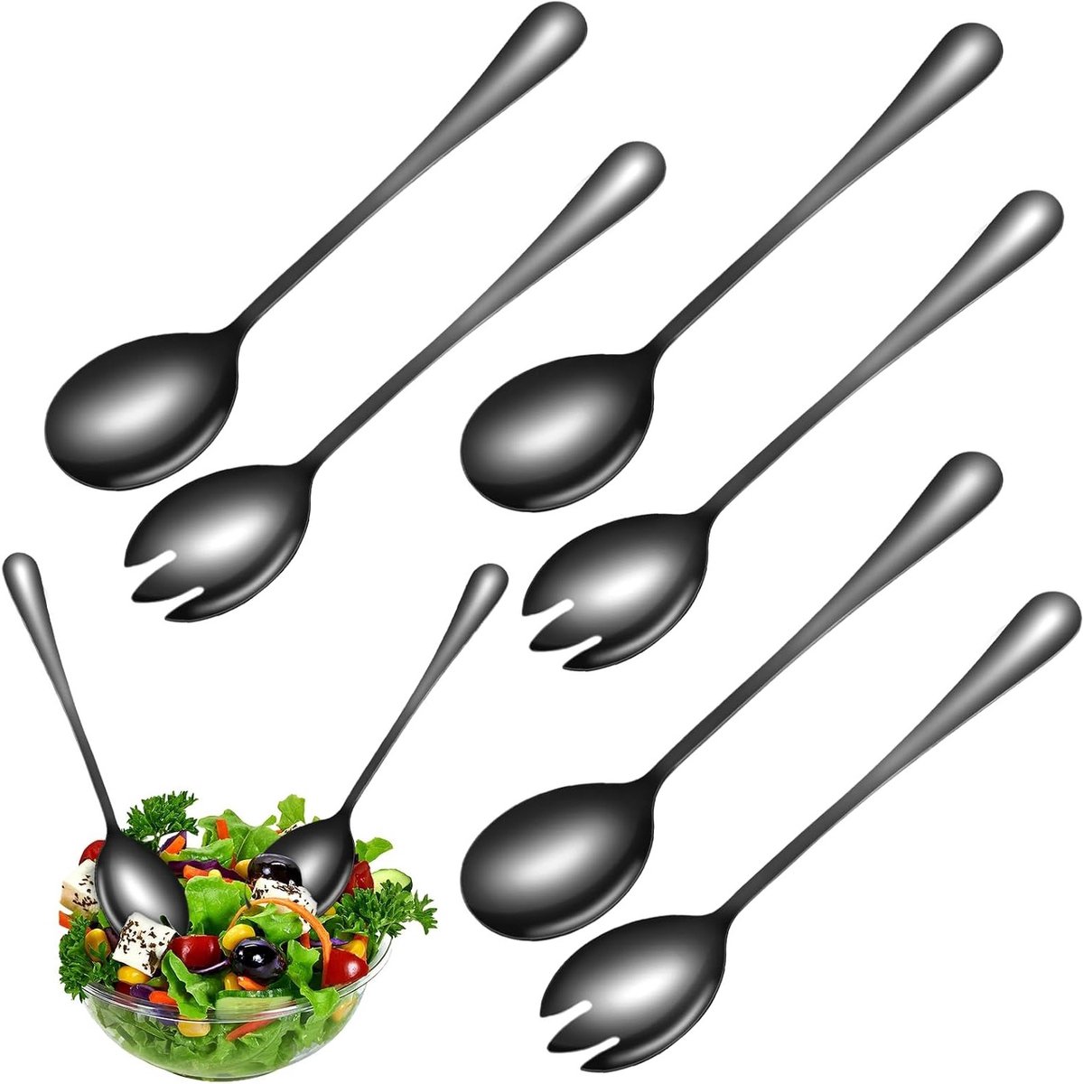 Set van 6 RVS Saladebestek - Zware Kwaliteit, Hoogglans Saladescheppen en Serveertangen voor Thuis en Horeca
