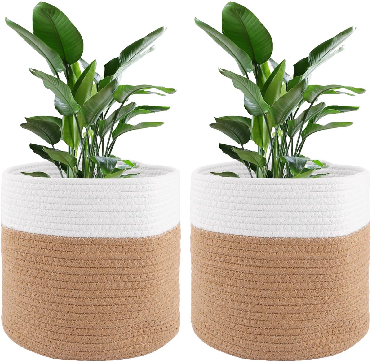 carmdering - Geweven Bloempot - Decoratieve Plantenbak - Multifunctionele Mand - Inklapbaar Ontwerp - Stevige Handgrepen - Geweven Katoenen Touw - Rustieke Geruite Stijl - Veelzijdig Gebruik In Woonkamer - 2 Stuks