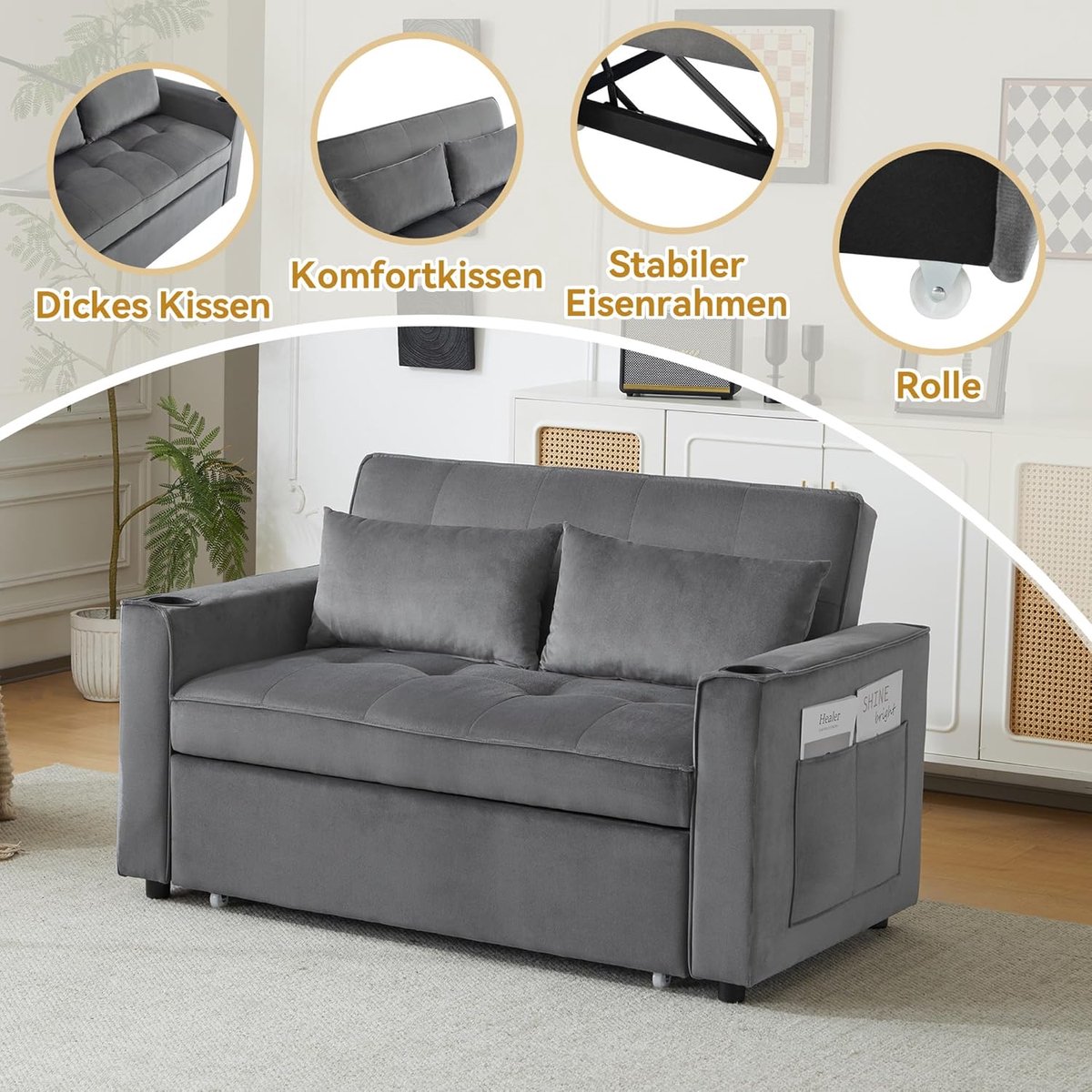 Slaapbank 2-zits Uittrekbaar 137x162x83 cm – Fluwelen Bankbed met Verstelbare Rugleuning 3-standen, Bekerhouders, Opbergvakken, Pocketvering Comfort voor Kleine Ruimtes – Grijs – HomebyNicole