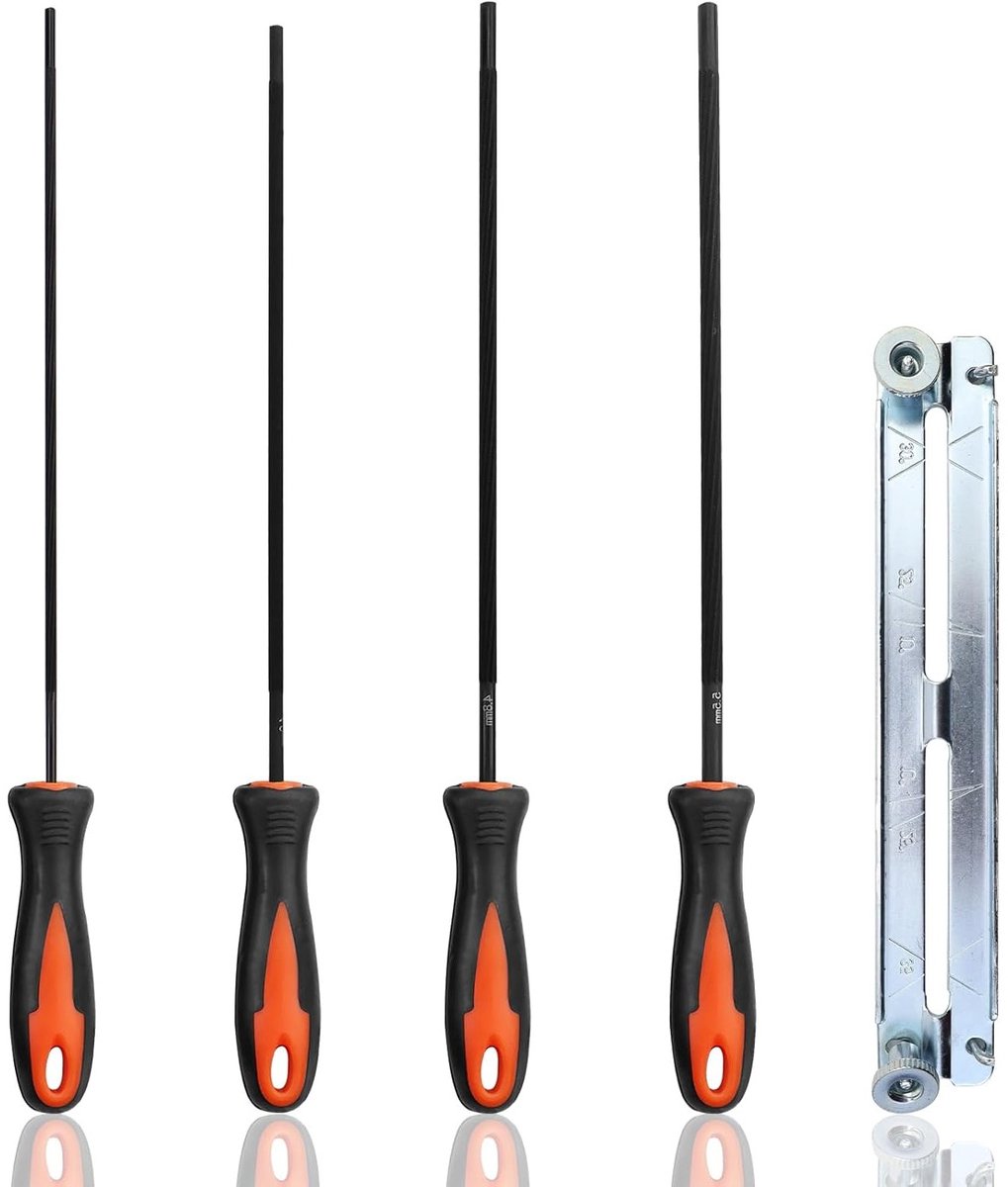 Set van 4 kettingzaag vijlen met handvat en houder - Ronde vijlen, 3.2 mm, 4 mm, 4.8 mm, 5.5 mm, ideaal voor onderhoud en slijpen van zaagbladen