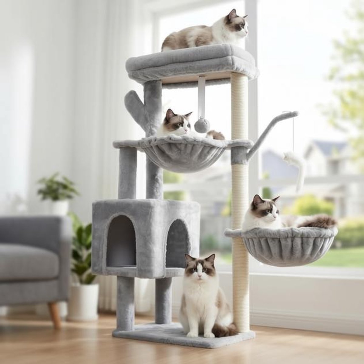 ElleMooi Krabpaal voor katten met platform, hangmatten en speelhol - Lichtgrijze klimtoren van 100 cm