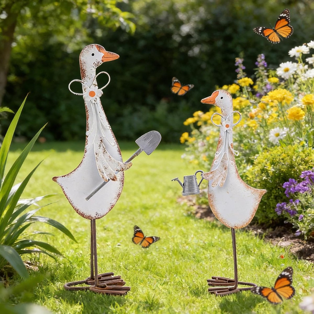 JeiibrZui Tuinfiguur Gans - Roestvrij Metaal - 2 Stuks Decoratieve Stekers - Grote En Kleine Maat - Voor Lente En Pasen Sfeer In De Tuin Of Op Het Terras