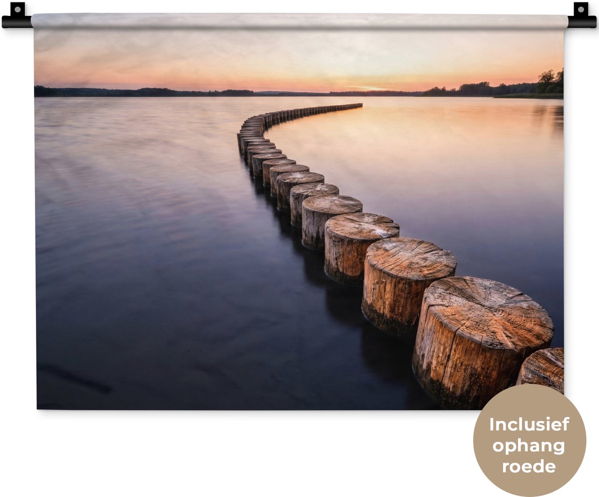 Wandkleed 60x45 cm - Wanddoek Hout - Palen - Water - Wandtapijt - Wandkleden