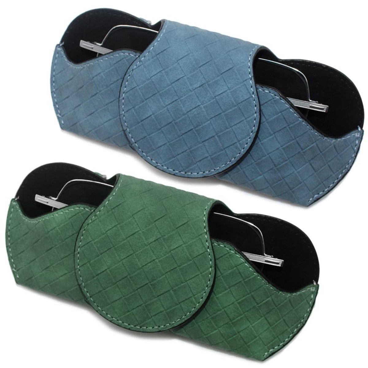 Dailygoods - Zonnebrilhouder - Organizer voor autovizier - Lederen brillenkoker met clips - Blauw of groen - Accessoire voor auto - 2 stuks