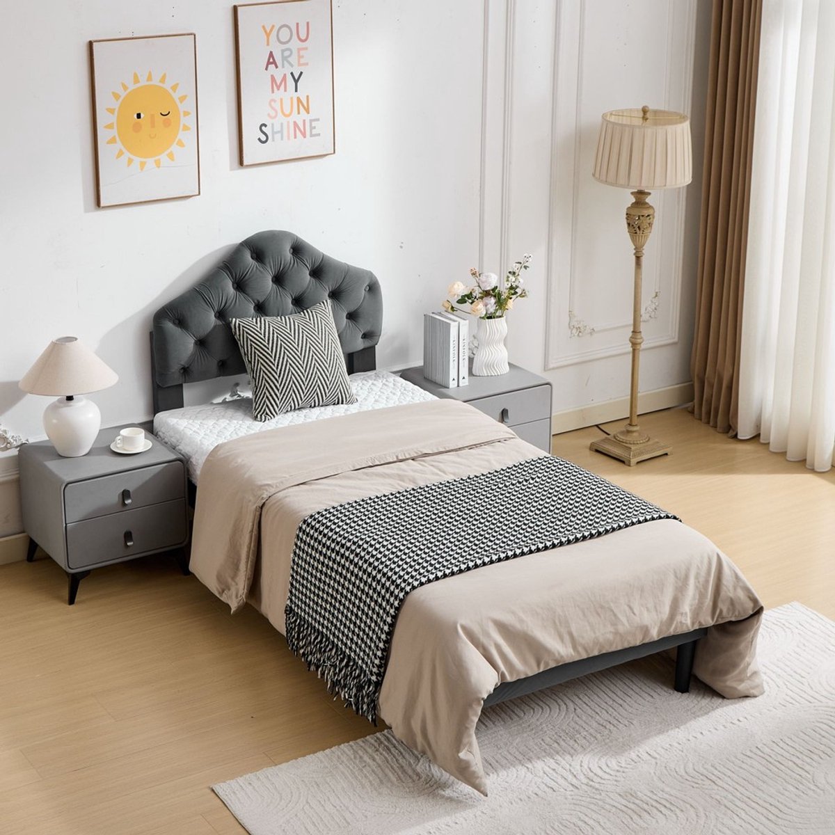 KOMHTOM - Platformbedframe - Twin Size 90x200 cm - Gestoffeerd fluweel - Verstelbaar hoofdeinde - Houten lattenbodem - Geen boxspring nodig - Eenvoudige montage - Grijs