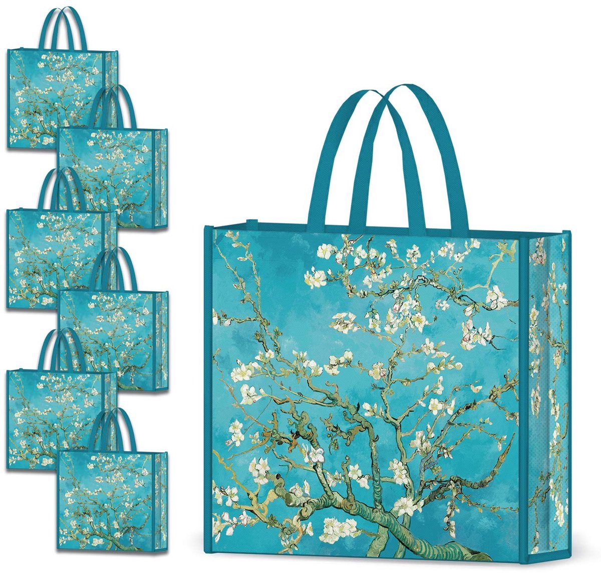 Dailygoods- Boodschappentas Herbruikbaar - 6 Stuks - Waterdicht - Amandelbloesem Patroon - Duurzaam - Ecologisch Vriendelijk - Herbruikbare Tas