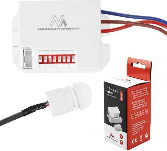 Witte PIR-sensor met kabel, de verpakking en de witte sensorkop, met specificaties.