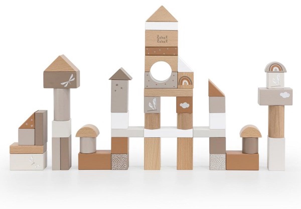 Label Label Houten Blokken in Ton - Houten Blokkenset - Inclusief 50 Blokken met Verschillende Vormen en Figuurtjes - Stimuleert Fantasie en Hand-Oogcoördinatie - Vanaf 2 Jaar - Nougat