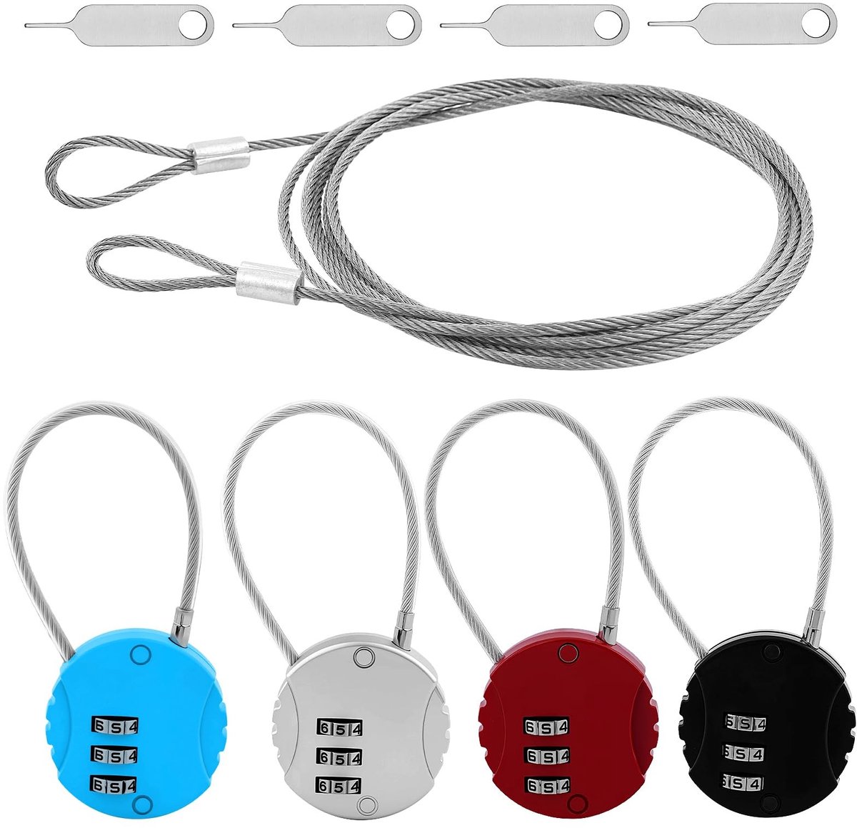 Dailygoods- Cijferslot 4 Stuks - Klein Hangslot 3-Cijferig - Metalen Cijferslot - Multifunctionele Kabel 1,5 Meter - Voor Bagage/Tas/Deur