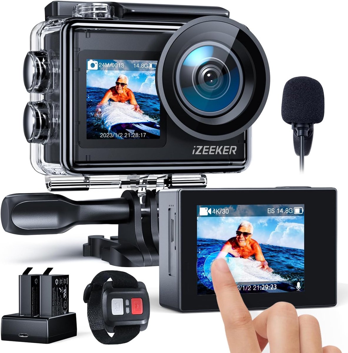 Actiecamera 4K - Onderwatercamera WiFi - Avonturen Vastleggen - Dubbele Schermen EIS - 40M Waterdicht - Zwart