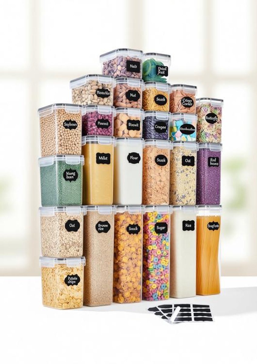 ElleMooi 25-delige set voorraaddozen kunststof luchtdicht met deksel - keukenorganizer voor muesli, meel, koffiebonen, cornflakes, spaghetti - 4 formaten (2,8L/2L/1,4L/0,8L)