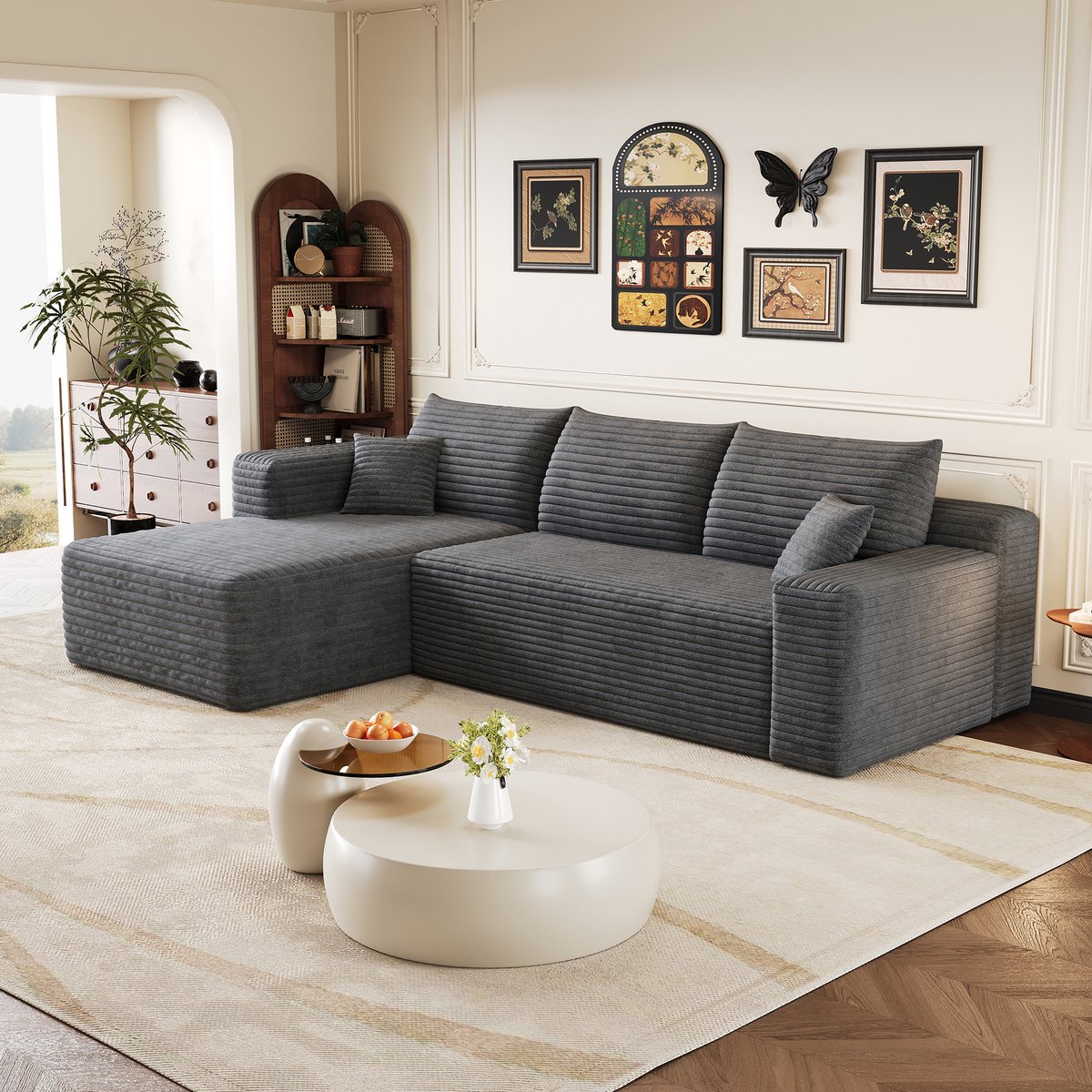 STILVORA Hoekbank 241 Cm - Chaise Longue Met Diepe Zitting - Voor Woonkamer En Slaapkamer - Stoffen Bekleding - Donkergrijs