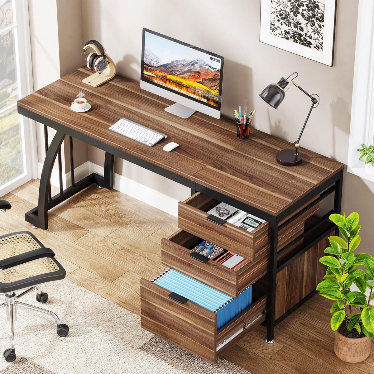 Computertafel 150 cm – Industrieel Bureau met 3 Lades & Omkeerbare Opbergzijde – House&Garden Thuiskantoor Bureau Walnoot – Groot Computerbureau 150x50x75 cm – Metaal & Hout Werktafel voor Gaming, Studie & Kantoor