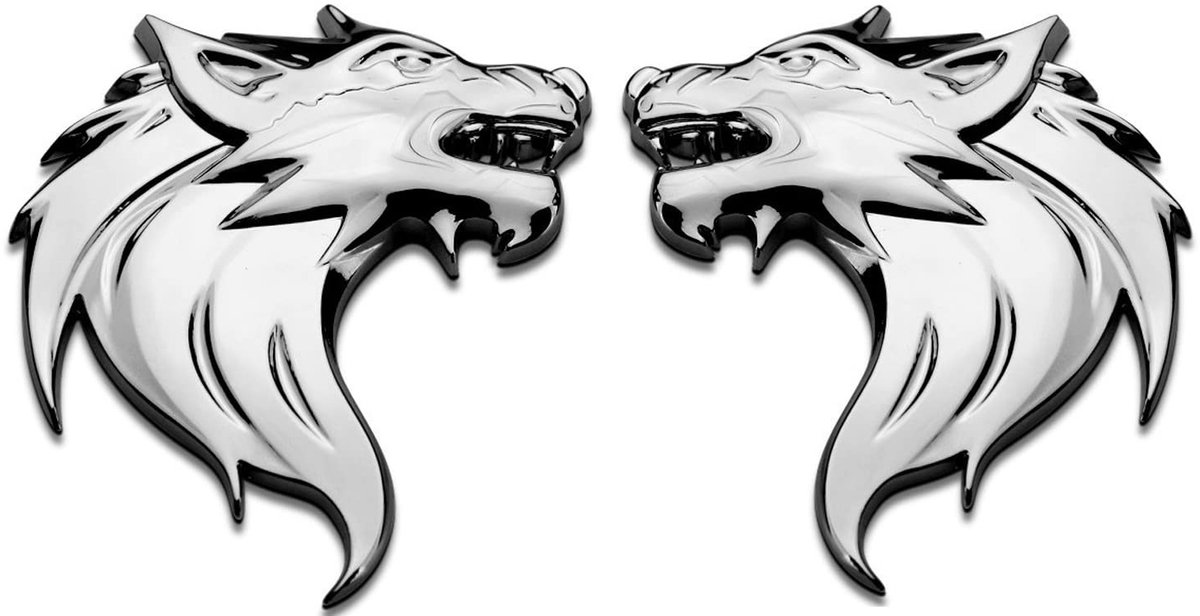 Dailygoods- Wolf Hoofd Sticker - 3D Metaal - Herbruikbaar - Zinklegering - 8x6cm - Set van 2 (Links + Rechts) - Duurzaam en Praktisch - Auto Sticker