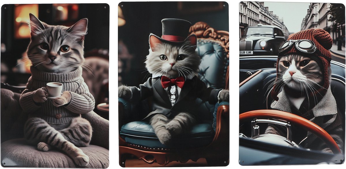 Van Manen wandbord metaal Gentlemen Cat decoratie 20x30cm katten.