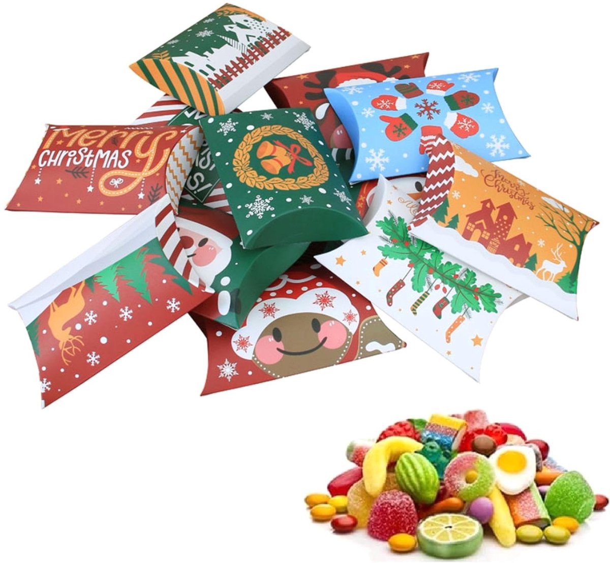 Dailygoods- Kerstcadeaudoos 24 Stuks - Kussenvorm - Snoepdoos - Vouwdoos - Cadeauverpakking - Hoogwaardig Papier - 12 x 7,2 x 2,5 cm