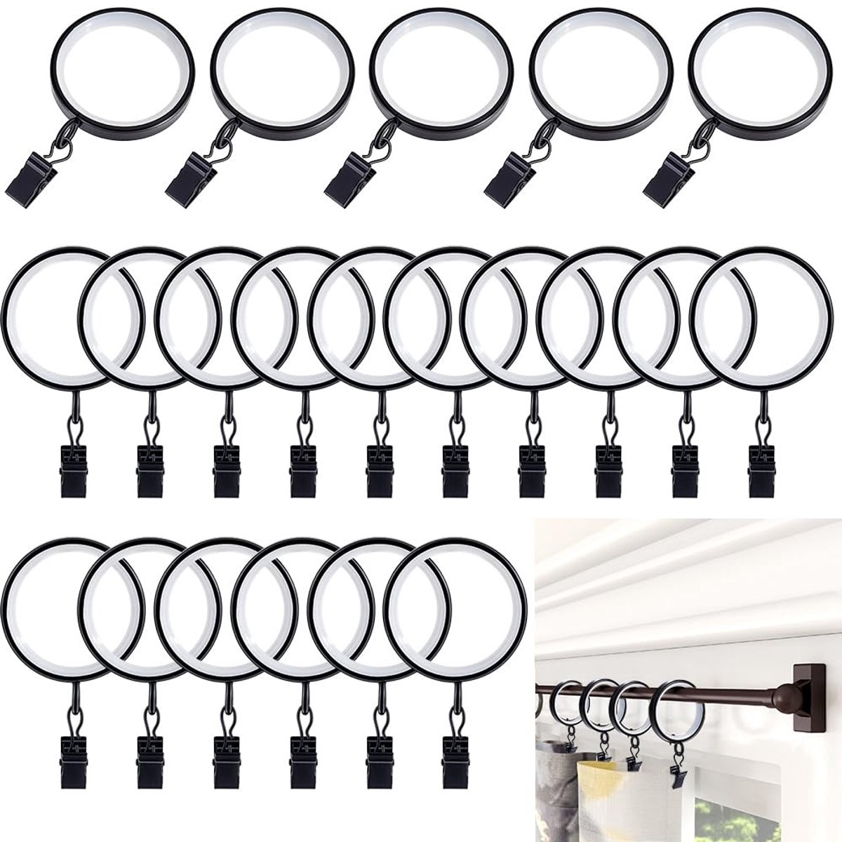 ZEYNOMAX- Gordijnringen 24 Stuks - Zwarte Gordijnringen met Haakje - 42mm Binnendiameter - Elegant Interieur - Voor Woonkamer/Slaapkamer - Gemakkelijk Glijden - Gordijnclips