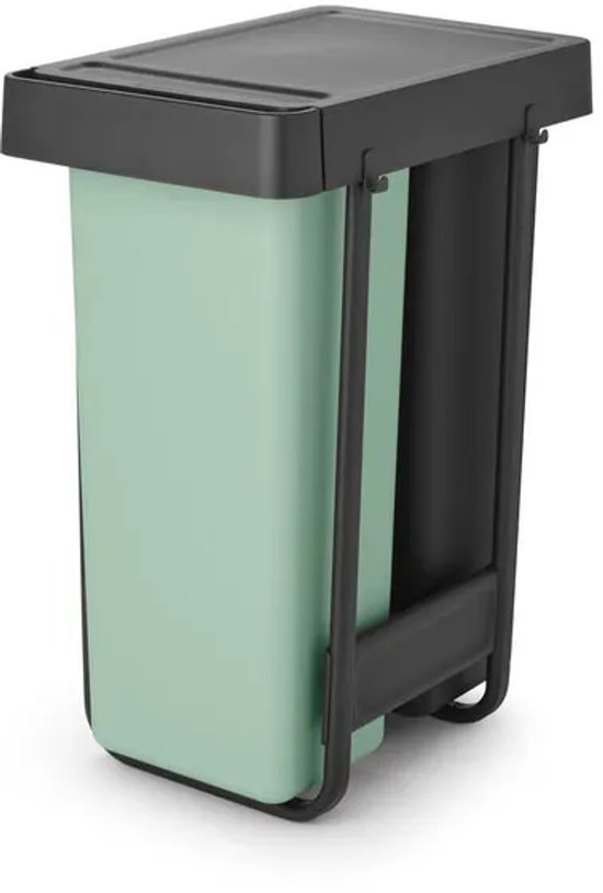 Jade groen afvalbak met donkergrijs deksel en frame, compact design.