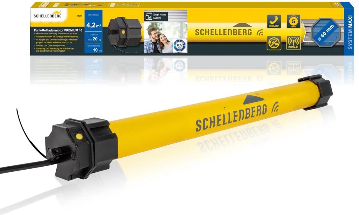 Schellenberg 21240 rolluikmotor met radiografische besturing, nieuwe generatie, 40 Nm, voor oppervlakken tot 15 m², radiografische eindschakelaars, voor 60 mm as, 868,4 MHz radiofrequentie, slim bestuurbaar