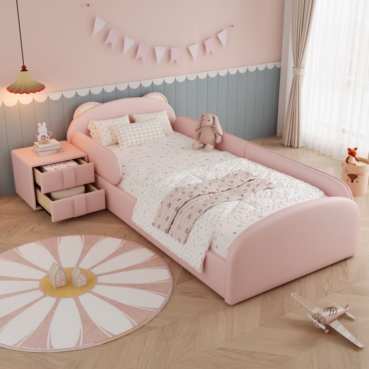 Sweiko Kinderbed - 90 x 200 cm - Beer hoofdbord - Inclusief nachtkastjes - Gestoffeerde randen - Kunstleer - Roze