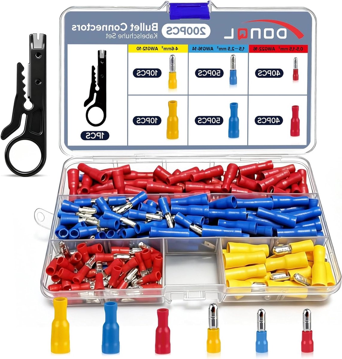 200 Stuks Ronde Connectoren met 3 Maten en Zwarte Striptang voor Motoren, Auto's en Elektrische Apparaten Reparaties