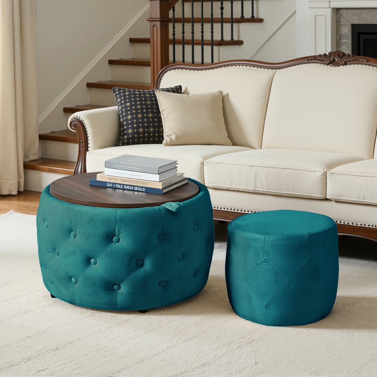 HAUSS SPOLE Opbergpoef Set - Nestbaar Met Fluwelen Bekleding En Houten Blad - Voor Woonkamer En Slaapkamer - Blauw - 58 Cm
