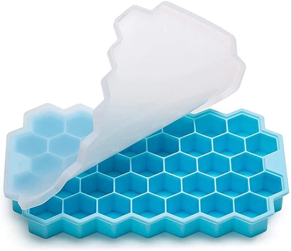 IJsblokjes vorm - IJsklontjes mal - Hexagon - Honingraat - 37 blokjes - IJs blokjes maken - Ice cube tray - Ice mold - Met deksel - Siliconen - Blauw - Jonyx