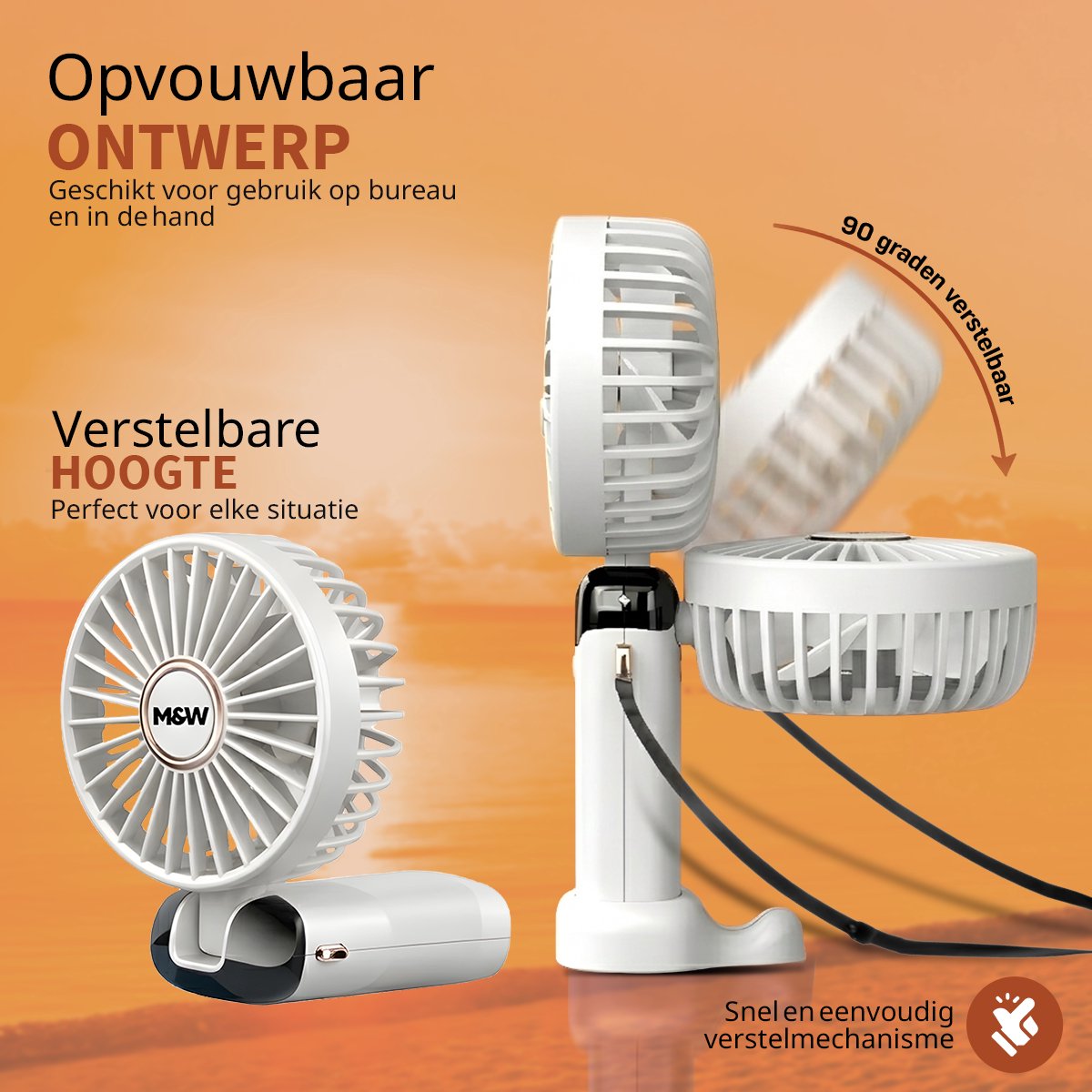 M&W Draagbare Hand Ventilator Hand Fan - Airco Verkoeling USB Ventilatoren - Handventilator Wit — afbeelding 13