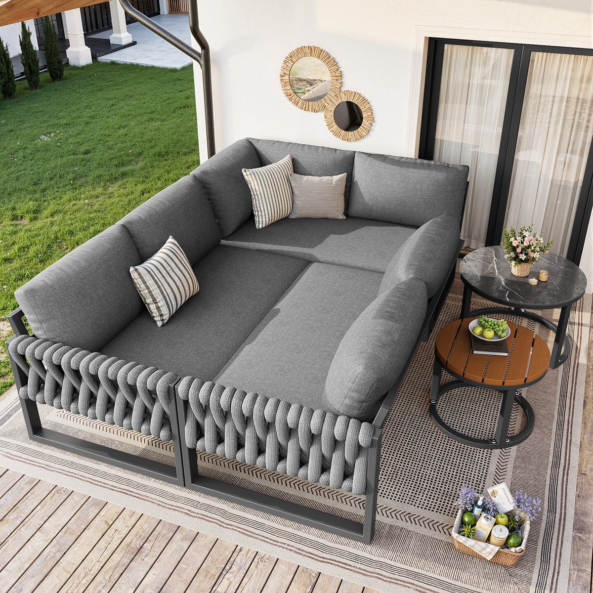 MODENUIT Loungeset 5-6 Personen - Modulaire Opstelling Met Verstelbare Tafelpoten - Tuin en Balkon - Olefin Grijs