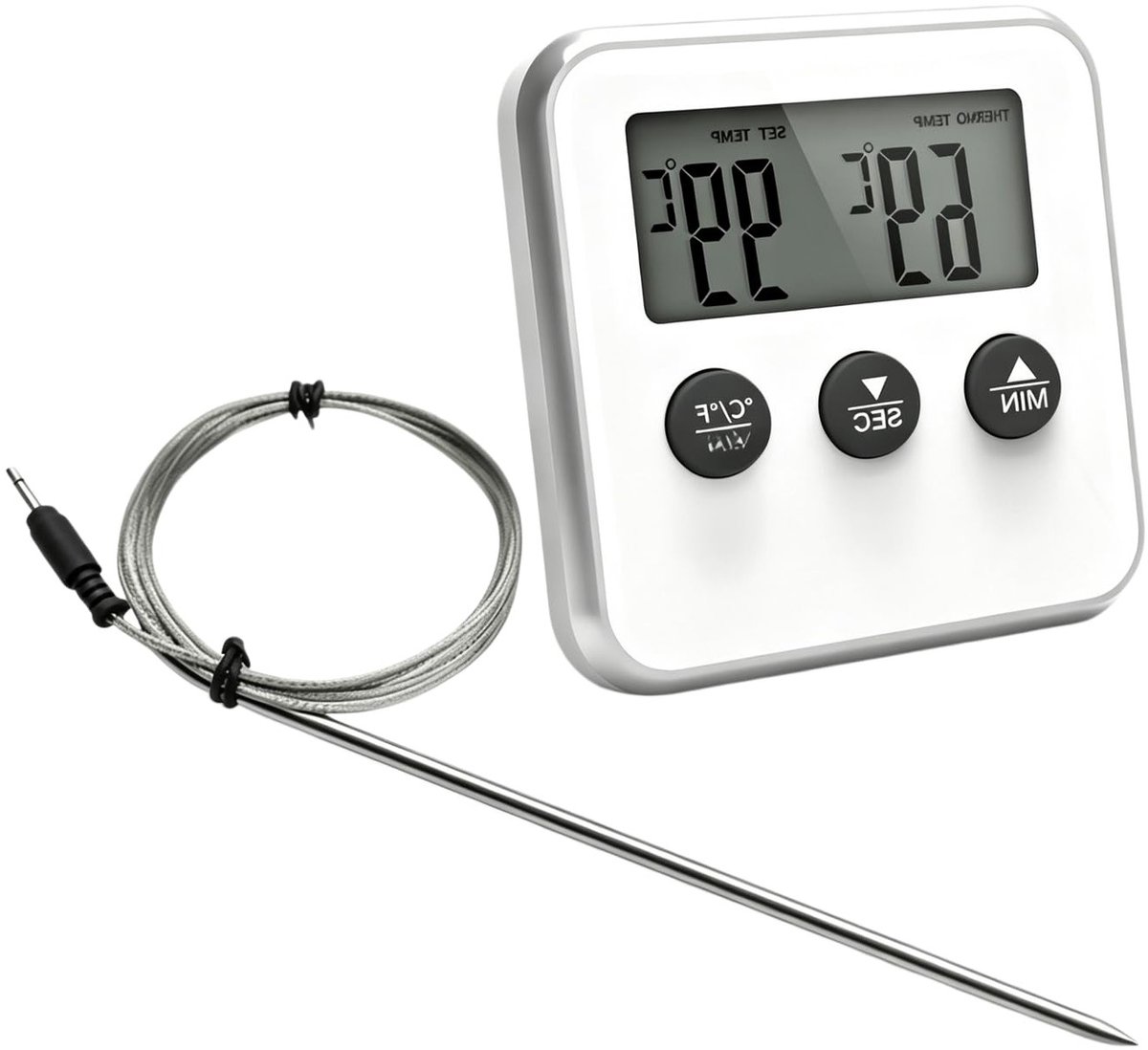 Nauwkeurige digitale vleesthermometer met timer voor BBQ, grillen en braden in de keuken met sonde (wit)