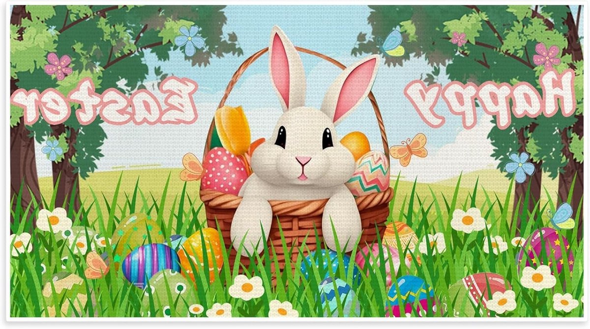 Lente Welkom Mat met Schattige Konijnen en Eieren, Decoratieve Deurmat voor Pasen, Buitenm