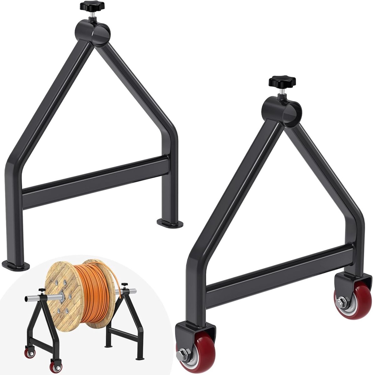 Draagbare kabelhouder voor draadspoelen, volledig gelaste stalen draadrekdispenser voor spoelen tot 28 inch diameter, 100 kg capaciteit, zwart en robuust ontwerp