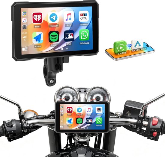 Motorfiets CarPlay Display 5 Inch HD Touchscreen – Draadloze Apple CarPlay & Android Auto – IP67 Waterdicht – Dual Bluetooth & Spraakbediening – GPS Navigatie voor Motor