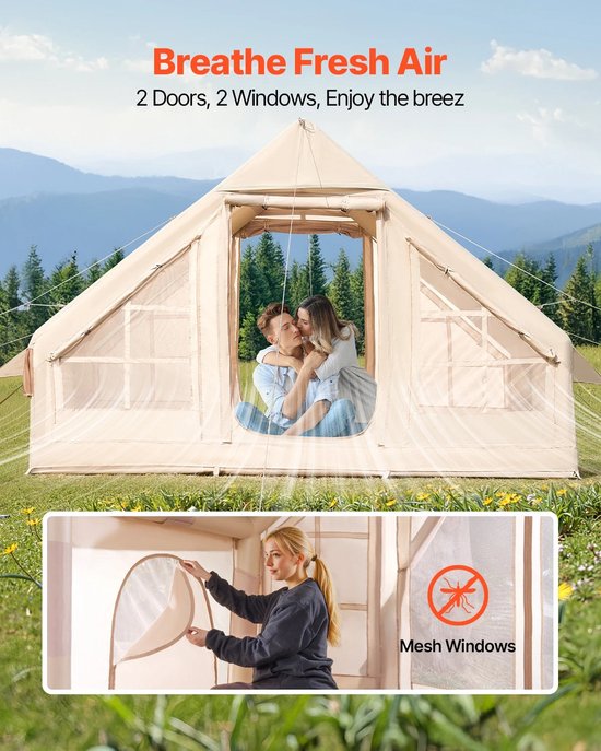 M-Goods - Opblaasbare Tent 3-5 Personen 3x3x2,3 m - Glamping Tent met Handpomp - Waterdichte Kampeertent met Kachelaansluiting - Beige — afbeelding 3
