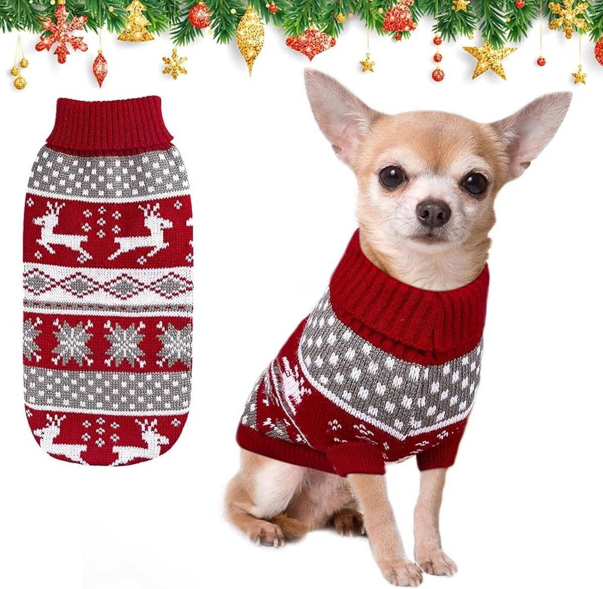 Honden- en kattenkersttrui, gebreide trui voor kleine huisdieren, warme turtleneck winterkleding voor honden en katten, maat L