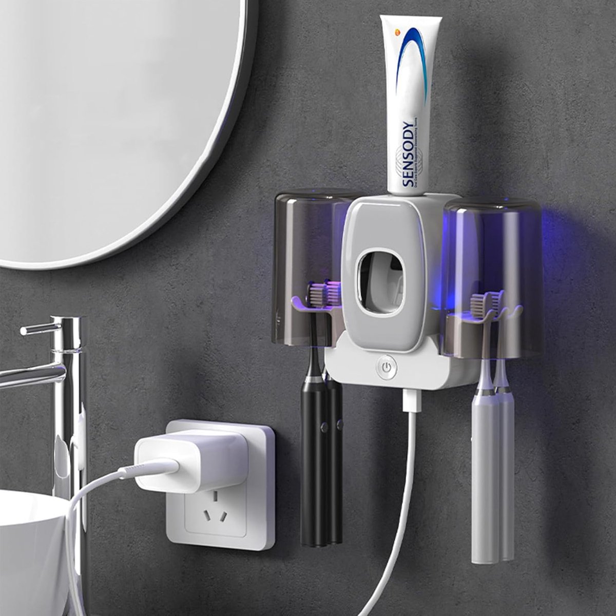 FloraGrace Tandenborstelhouder - UV Desinfectie - Automatische Tandpasta-Dispenser - Badkamer Organiser - Ruimtebesparend - Lichtgrijs