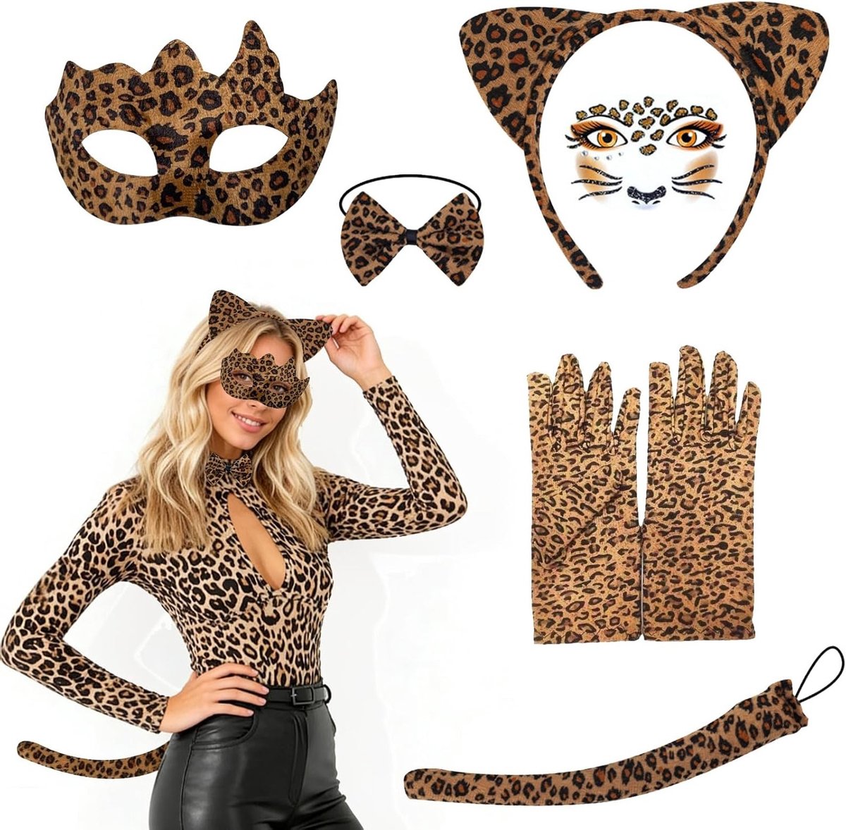 Leopard Kostuum Set voor Vrouwen met Oren, Gezichtstickers en Accessoires voor Carnaval en Themafeesten