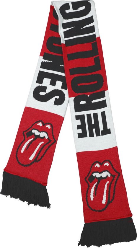 Rood, wit en zwart gebreide sjaal met 'THE ROLLING STONES' en iconische rode tong. Zwarte franjes.