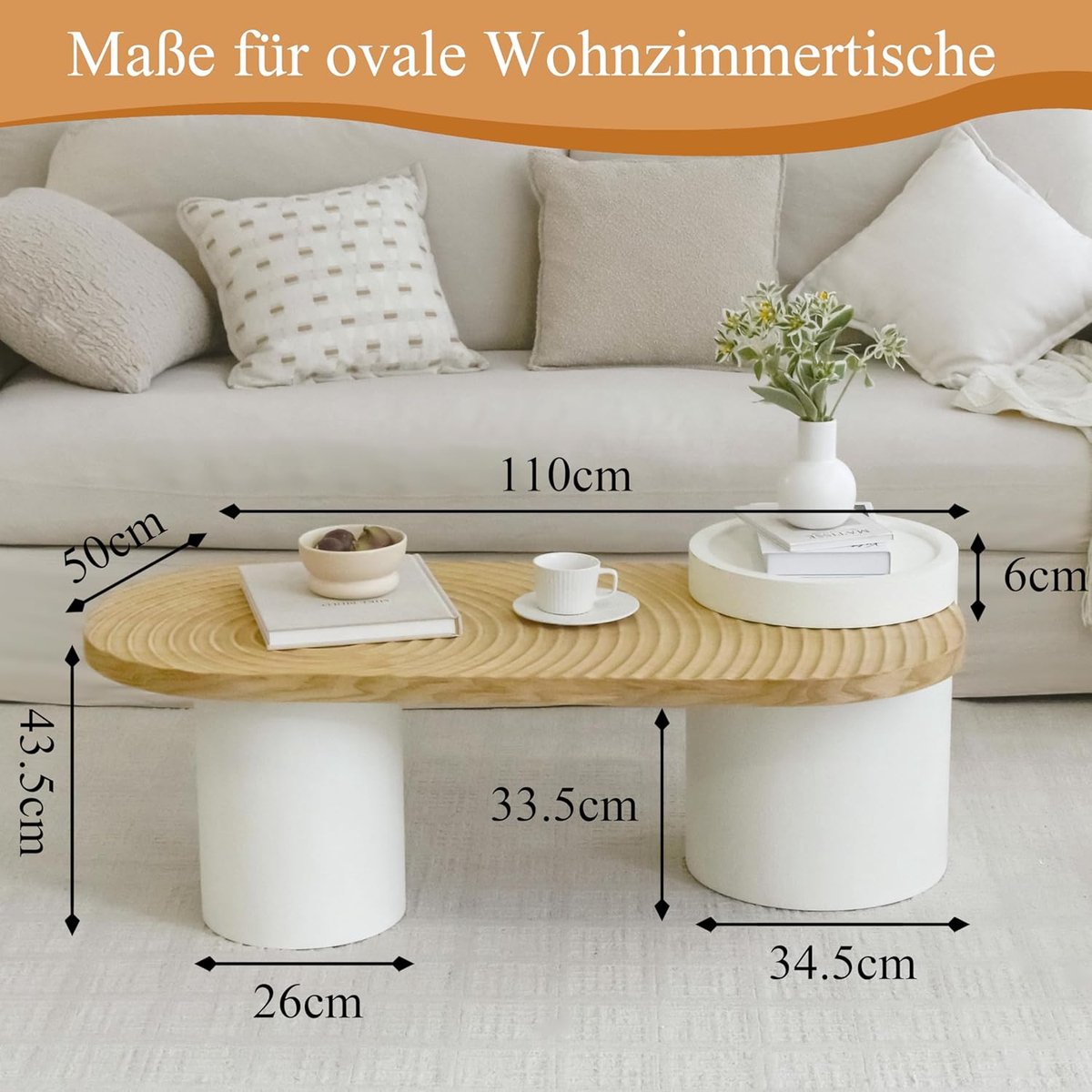 Salontafel Ovaal Hout - House&Garden Moderne Ovale Koffietafel met Waterdicht Tafelblad en Witte Ronde Poten - Luxe Woonkamertafel in Japandi & Scandinavische Stijl - 110x50x43 cm