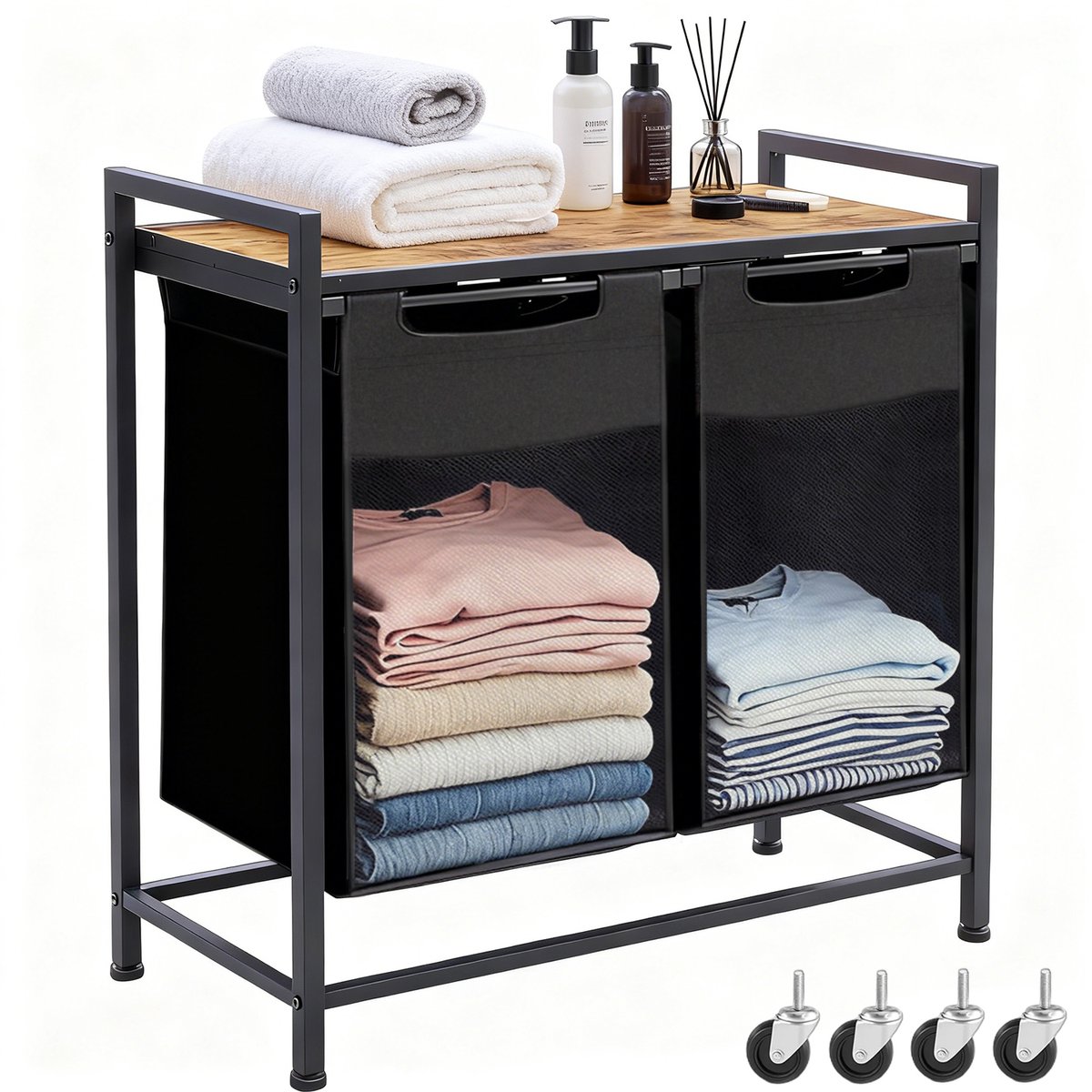 Dubbele Wasmand Naast Elkaar 92L – 2 Wasmanden Met Metalen Frame en Opbergplank 73×33×72 cm – Wasgoed Organizer