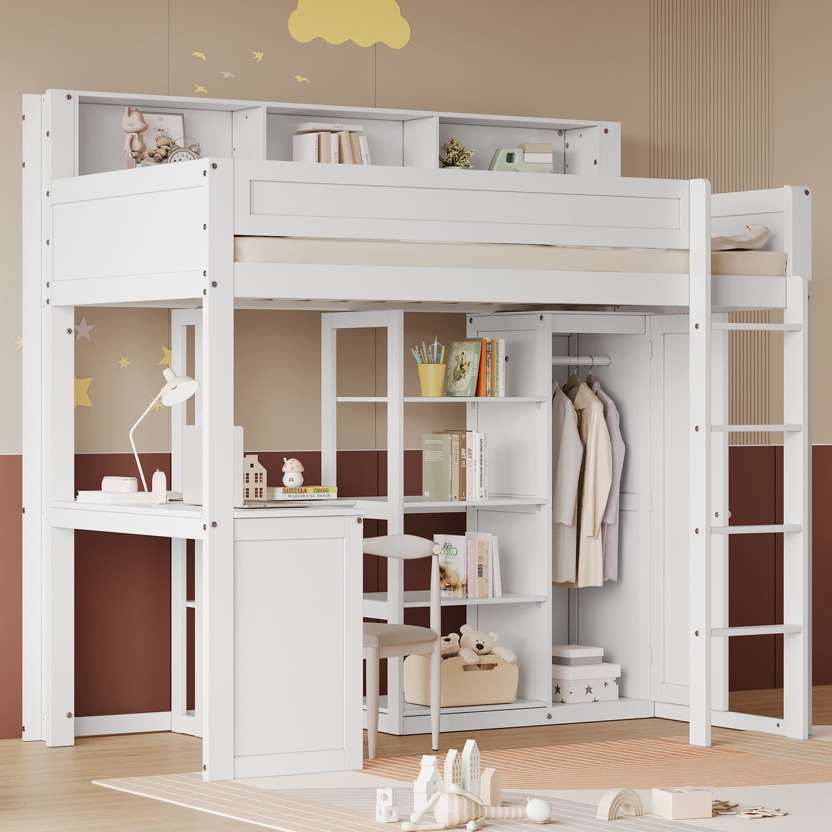 HAUSS SPOLE Stapelbed 90x200 cm - Met Bureau En Kledingkast - Met Opbergrekken En Ladder - Zonder Matras - Hout - Wit