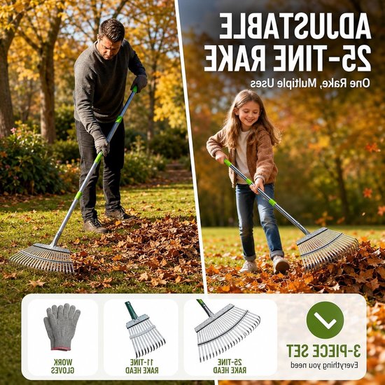 Bladhark met 25+11 Tanden en Verstelbare Handgreep voor Efficiënt Bladeren Harken, Inclusief 4 Tuinhandschoenen en Geschikt voor Gazon en Tuinonderhoud — afbeelding 3