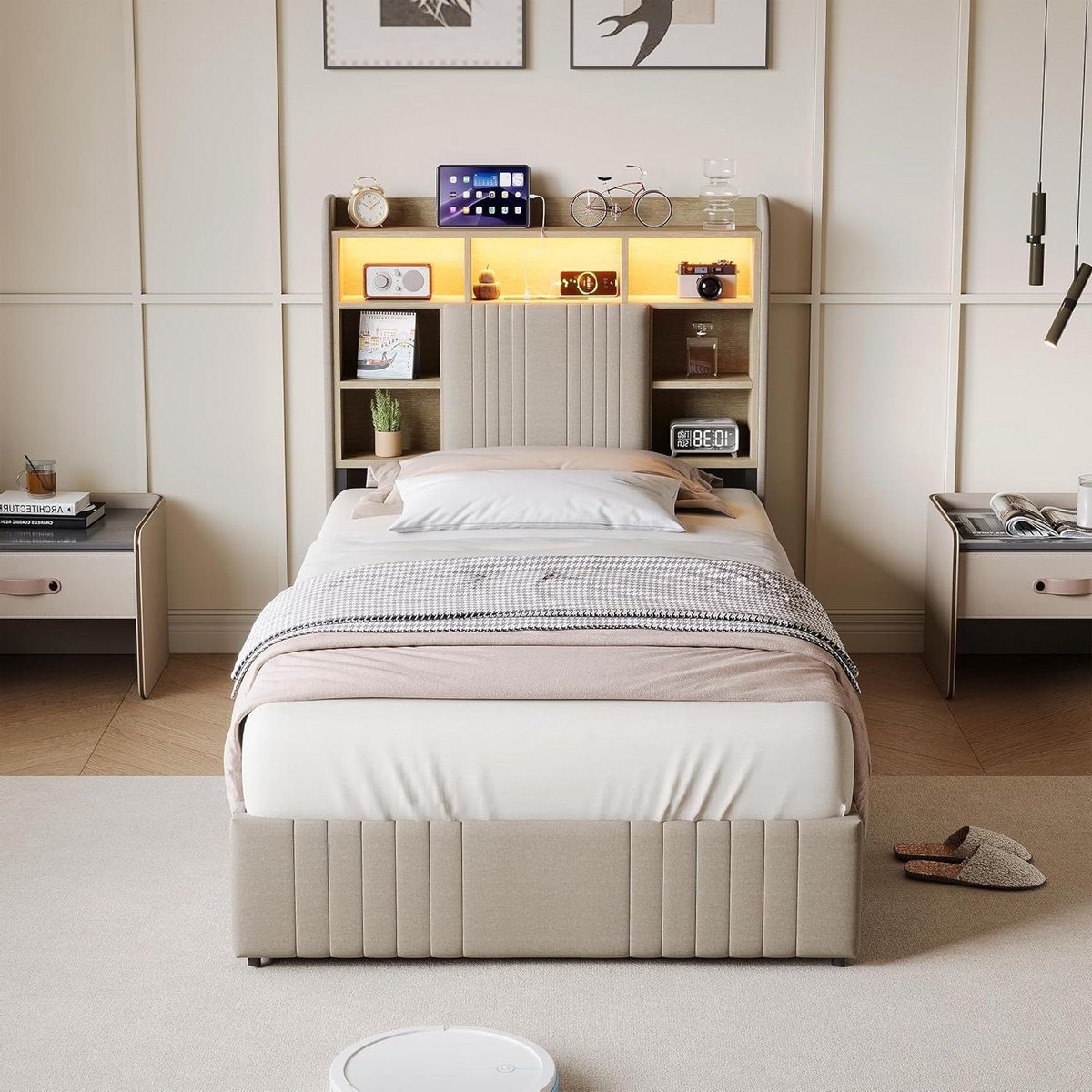 Tweepersoonsbed - Stoffen bedframe - Opbergen en slapen - Geïntegreerde laadpoorten - 90x2
